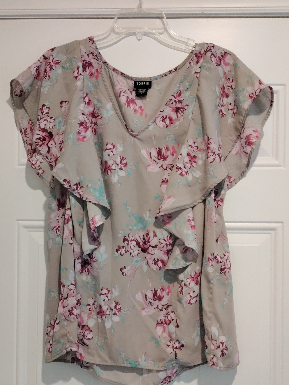 torrid Taupe Floral Ruffle V-Neck Blouse with Pink and Mint